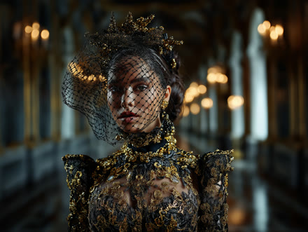 NADA frame, veiled couture figure in mirrored hall